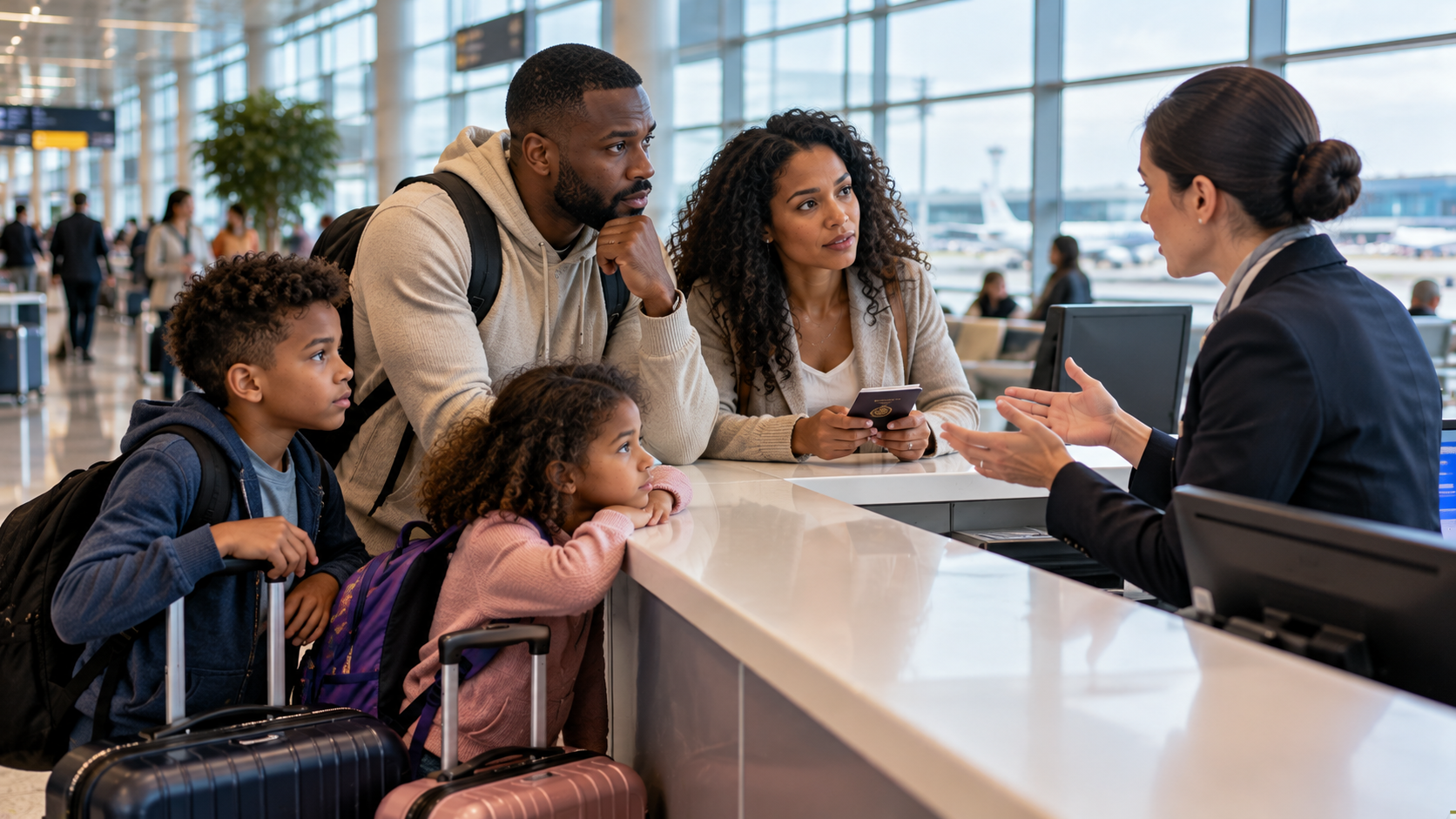 Diverse family speaking with an airline representative at a UK airport information desk after a flight cancellation, with two children, passports, backpacks and carry-on luggage nearby.