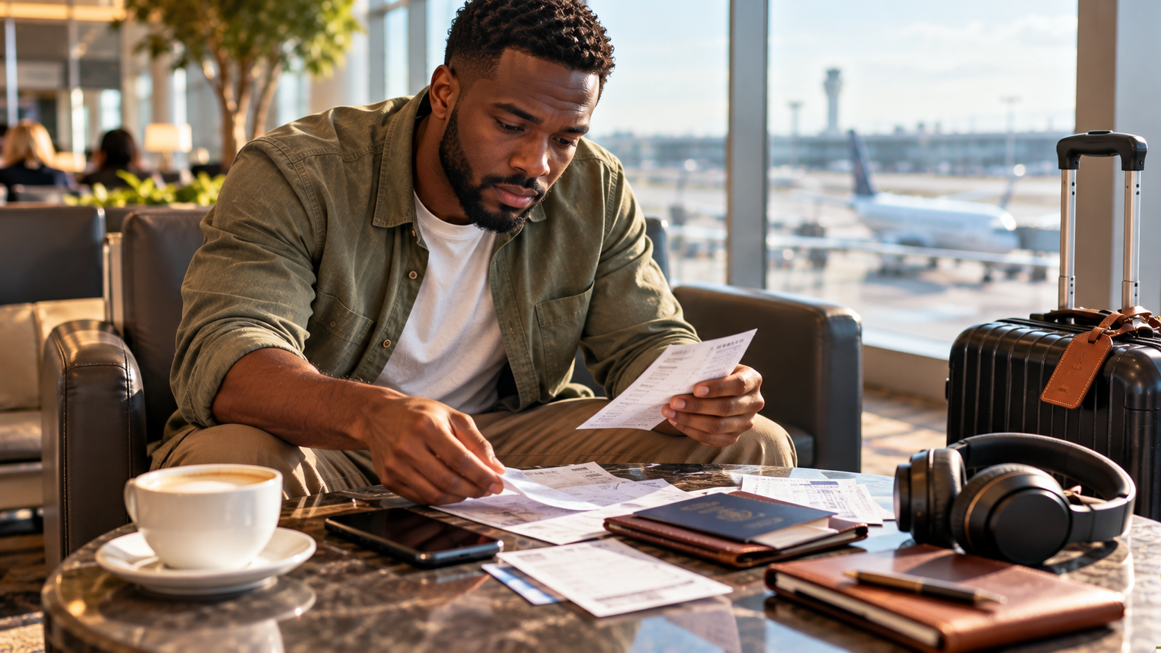 Black male traveller organising receipts and travel documents at an airport lounge table after a flight disruption, with a smartphone, passport wallet, coffee and carry-on luggage nearby.