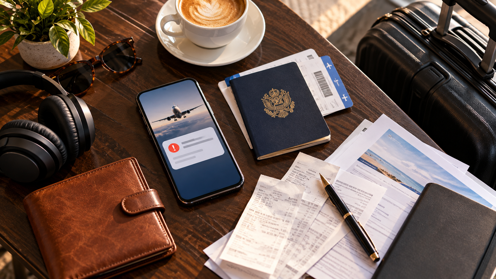 Overhead view of a travel disruption checklist with a smartphone, passport, boarding pass, insurance documents, receipts, headphones, wallet and carry-on luggage arranged on a wooden table.