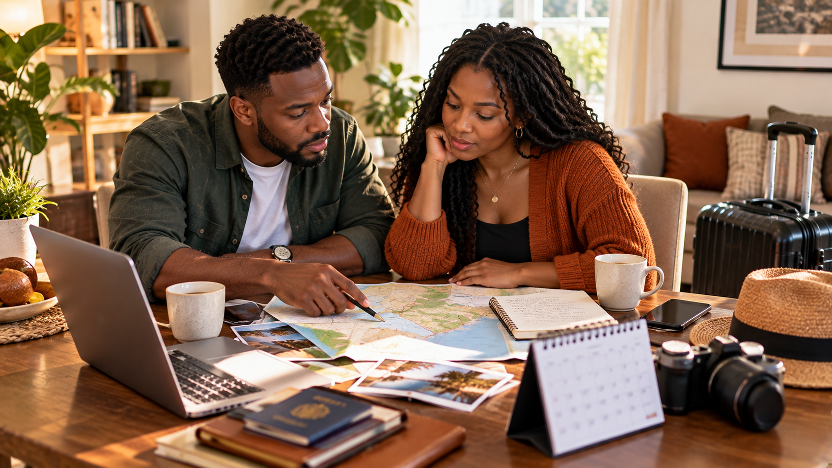 Ghanaian-British couple planning a long stay in Ghana at their London home, reviewing a Ghana map, travel notes and accommodation plans at a dining table.