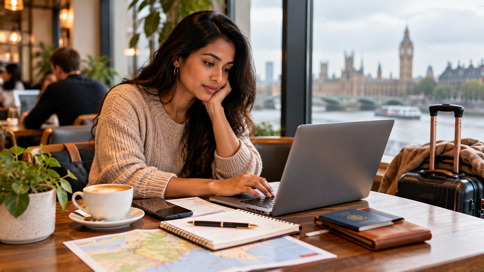 South Asian female traveller comparing UK-to-Ghana flight options on a laptop in a London café, with a planning notebook, smartphone, coffee and travel documents on the table.