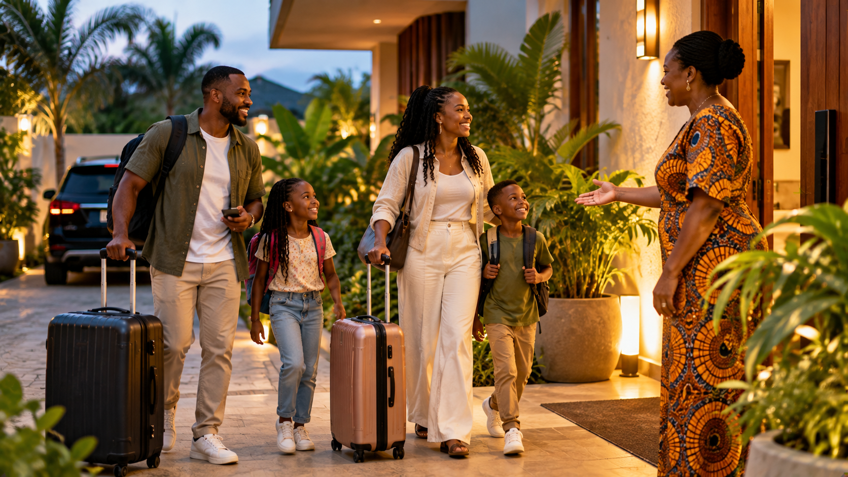 Diverse family arriving at a welcoming Accra guesthouse in Ghana, greeted by a local host while carrying suitcases and backpacks in the early evening.
