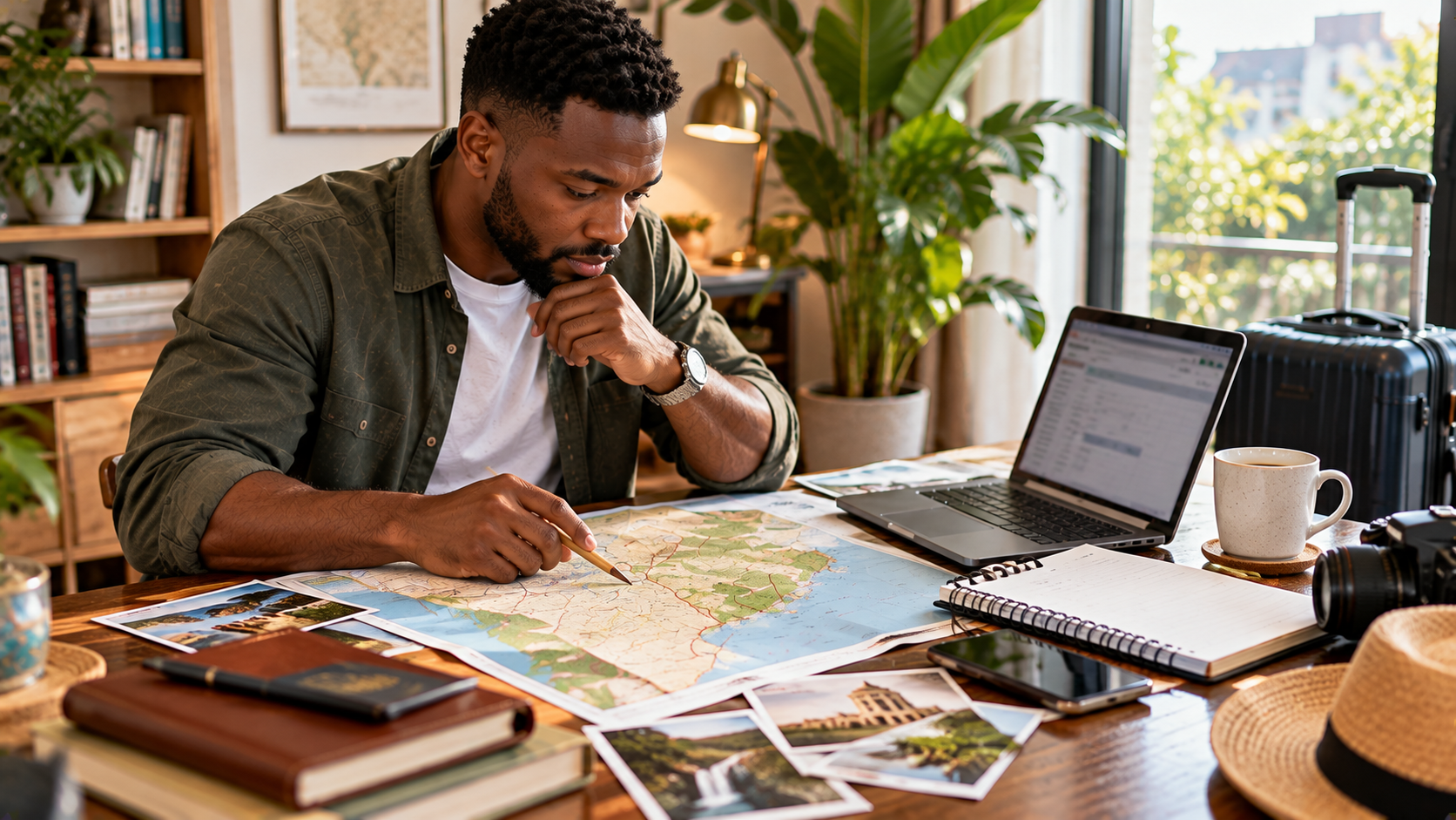 Black British man planning a Ghana trip by tracing a route from Accra to Kumasi on a map at his home office, with a laptop, notebook, coffee and travel gear nearby.