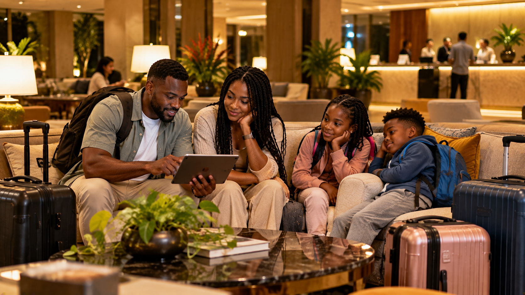 Black British family relaxing in an Accra airport hotel lobby after an evening arrival, with parents checking onward travel details while their children sit nearby with backpacks and luggage.