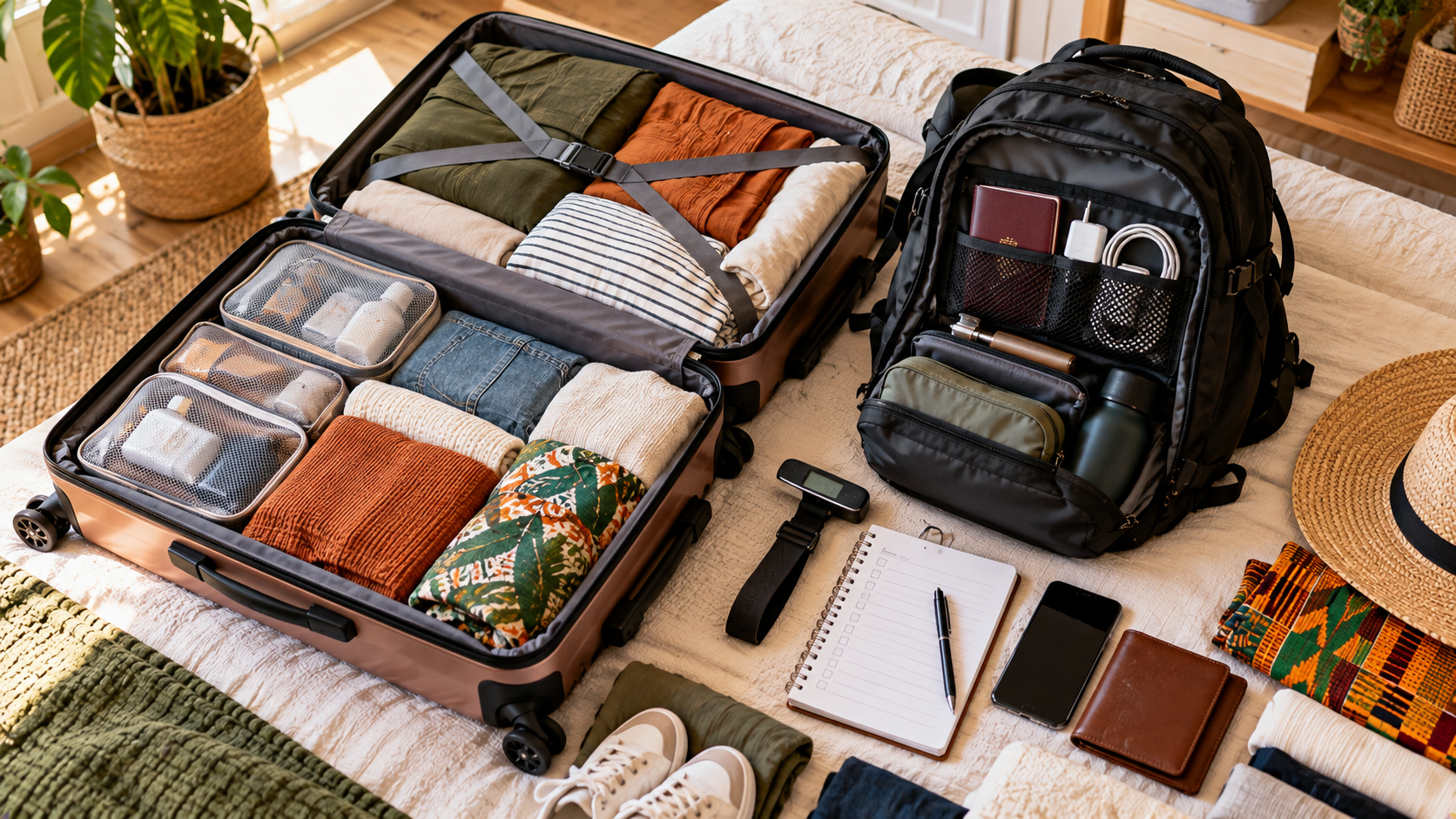 Overhead view of two suitcases being organised for a multi-stage Ghana trip, with packed clothing, packing cubes, a cabin backpack, passport holder, charger, luggage scale and travel checklist.