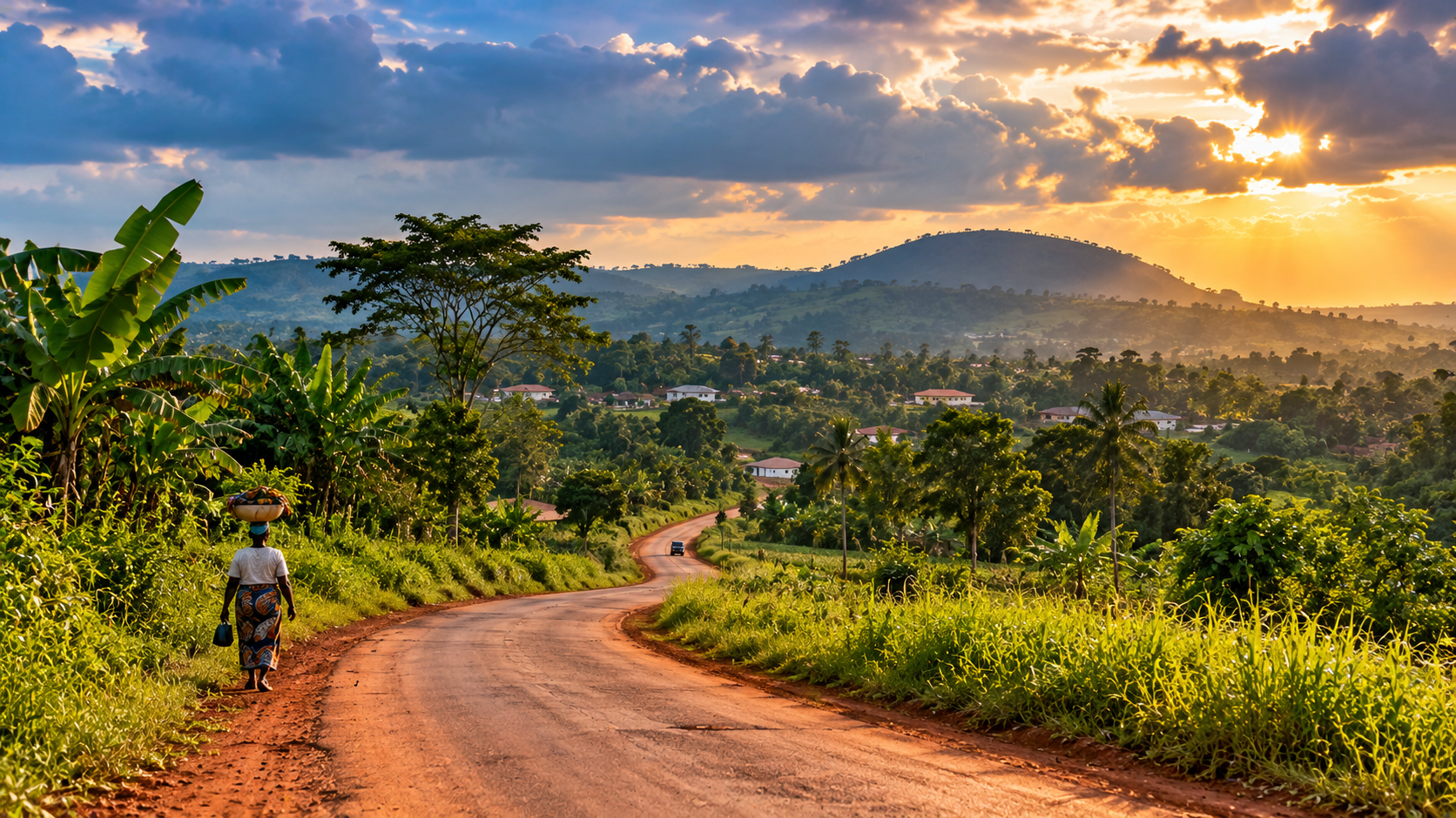 Lush Ghanaian countryside after seasonal rainfall, with a winding red-earth road, vibrant green vegetation, distant hills, dramatic sunlit clouds, and a local woman walking along the roadside.