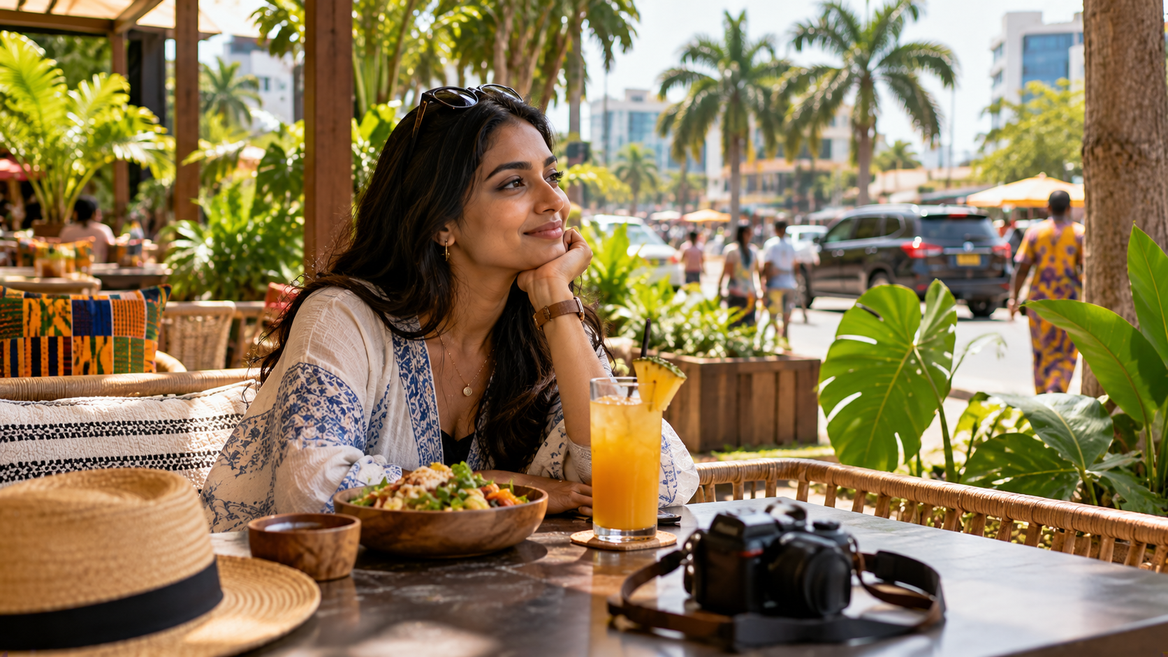 South Asian female traveller relaxing at a shaded outdoor café in Accra, Ghana, enjoying a chilled tropical drink amid lush plants and a lively palm-lined urban street.
