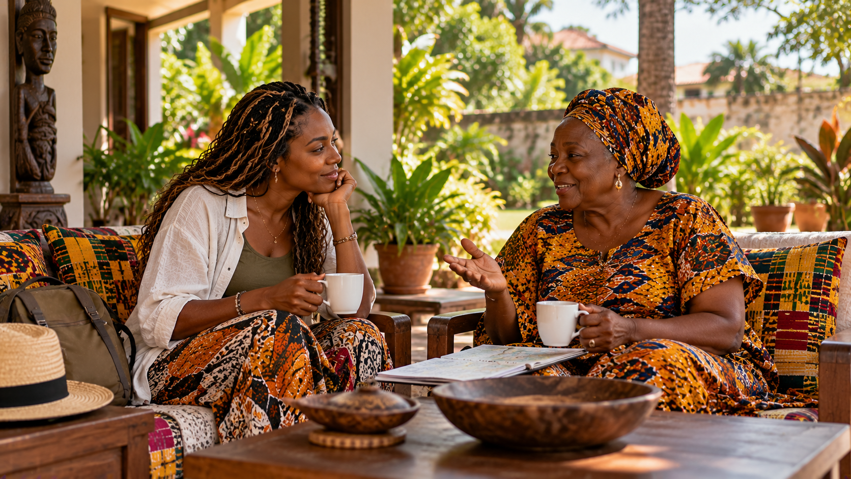 Ghanaian-British woman discussing family travel plans with her older relative over cups of tea on a shaded veranda in Kumasi, Ghana, surrounded by traditional African-print textiles and a leafy garden.