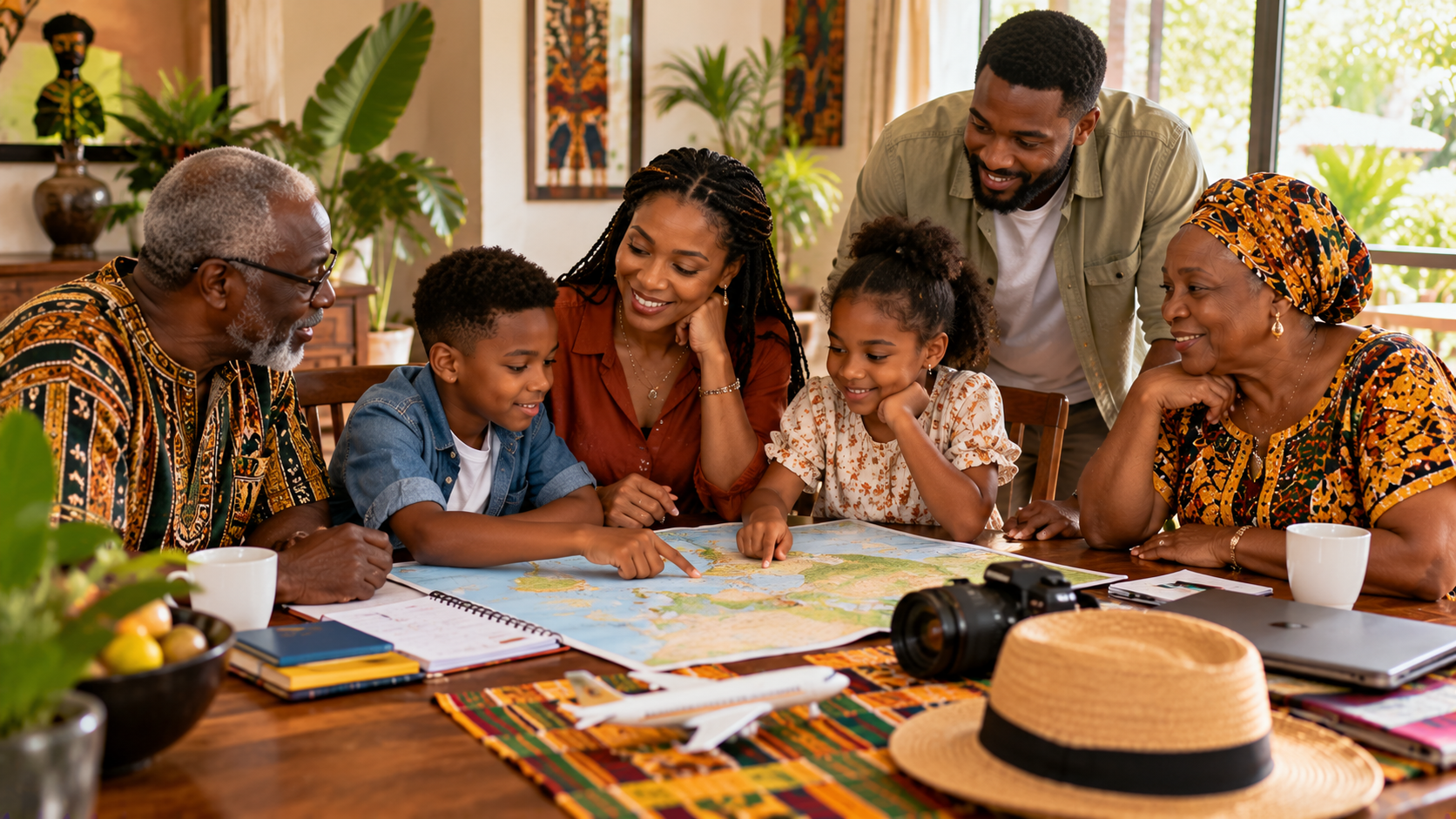Multigenerational Black British family planning a holiday to Ghana around a dining table, studying a large map together with notebooks, travel accessories and warm afternoon sunlight in the background.