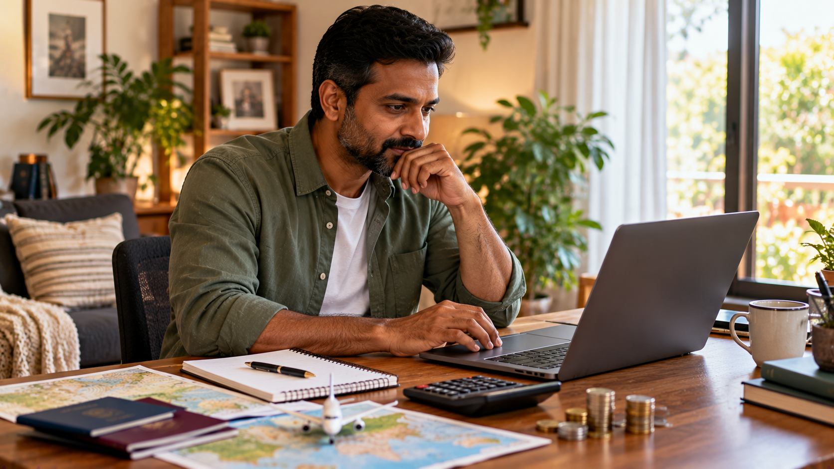 South Asian father comparing family flight expenses on a laptop at his home office desk, with a calculator, notebook, coins, travel maps and a model aeroplane nearby.