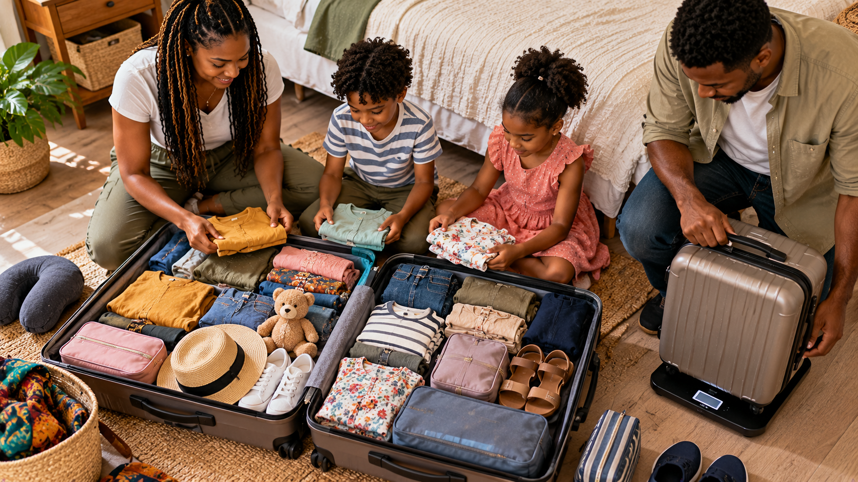 Black family preparing for a long stay in Ghana, folding clothes into open suitcases while a parent checks luggage weight on a digital scale in a sunlit bedroom.