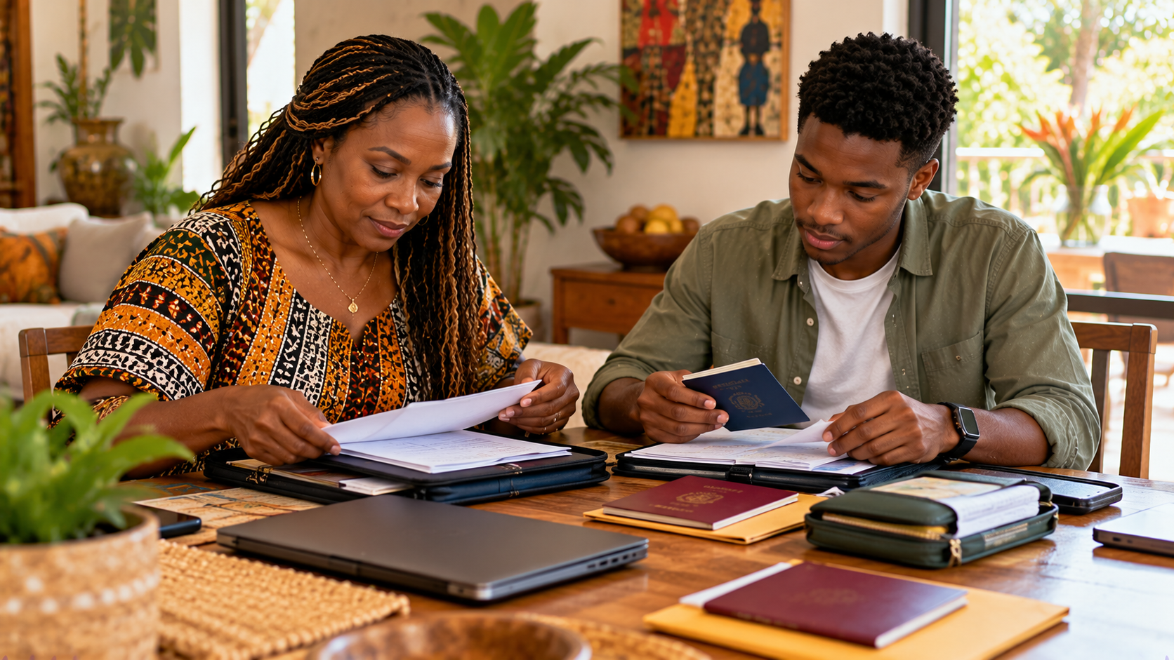 Ghanaian-British mother and adult son organising travel documents at home, reviewing passports and paperwork at a dining table with folders and a laptop nearby.