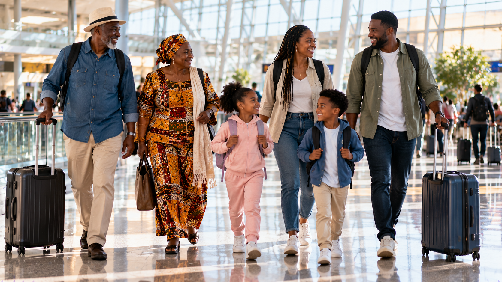 Multigenerational Black family walking together through a bright, modern airport concourse with children, grandparents, backpacks and rolling suitcases before their family flight to Ghana.