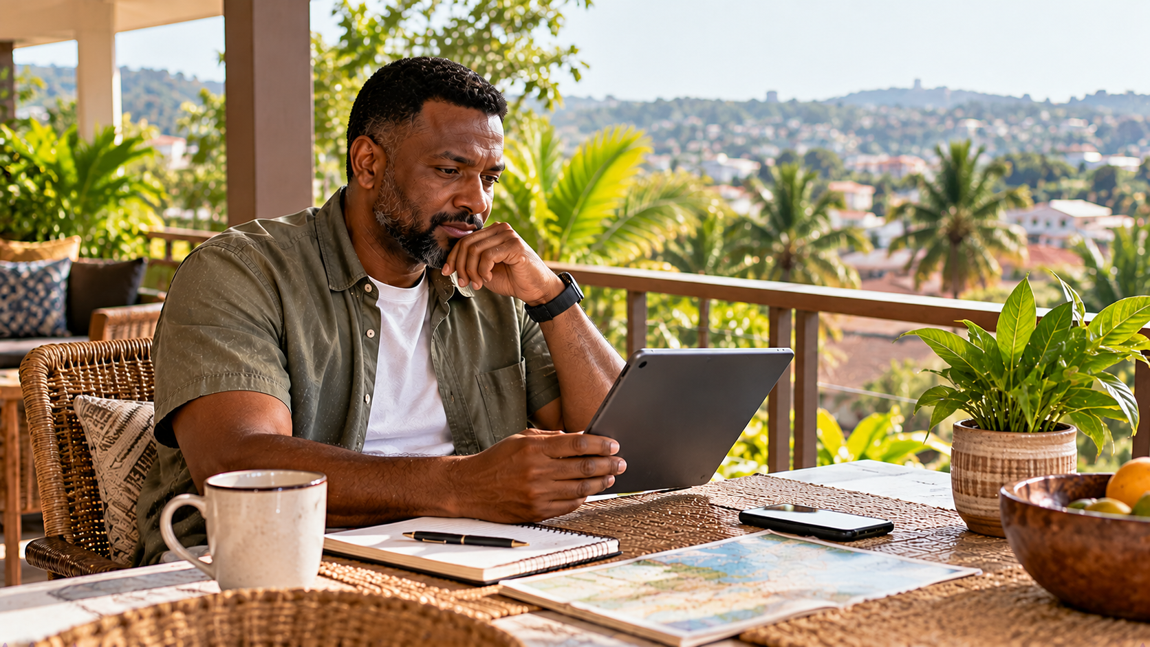Ghanaian-British man reviewing his travel itinerary on a tablet while relaxing on a sunny balcony in Kumasi, Ghana, with a notebook, coffee, travel map and lush greenery nearby.