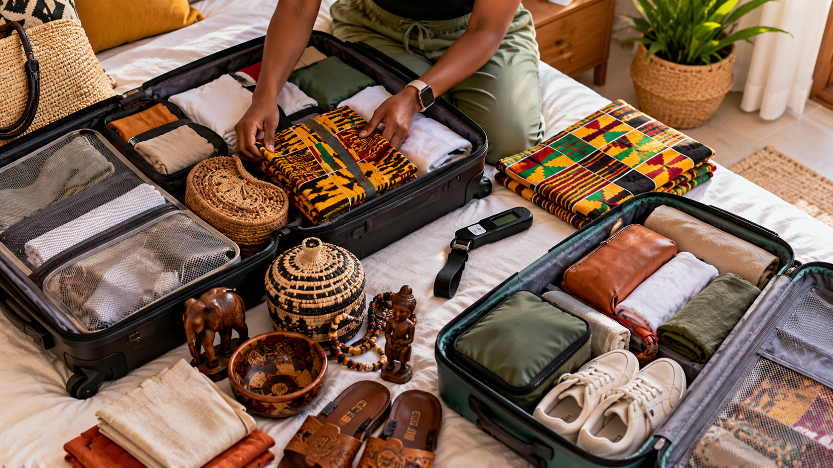 raveller packing suitcases with colourful Ghanaian fabrics, handmade souvenirs, folded clothes, sandals and packing cubes before flying from Ghana to the UK.