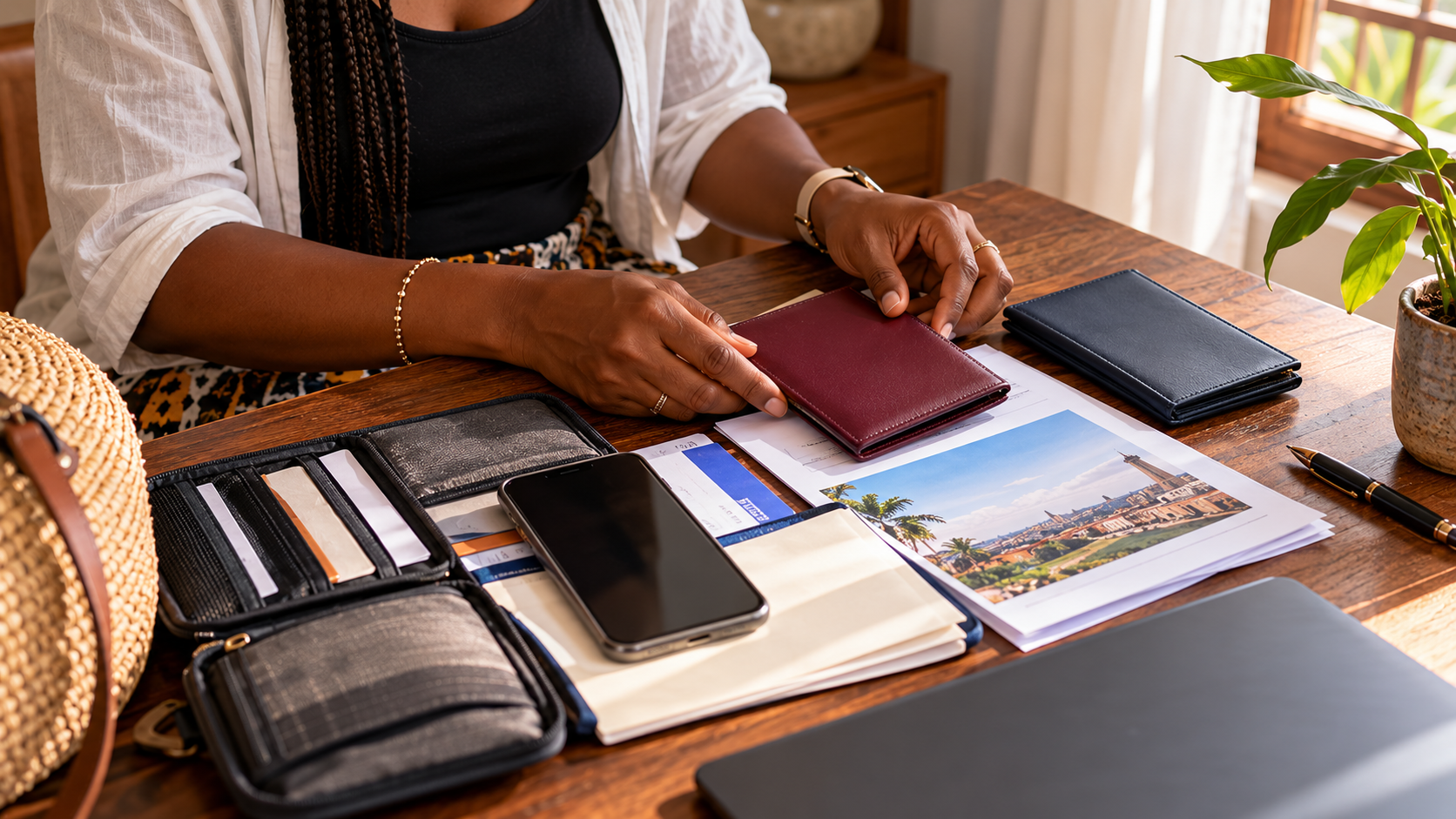 Traveller organising passports, flight confirmation, travel insurance documents and a document wallet on a wooden desk in a Ghanaian guesthouse before flying from Ghana to the UK.