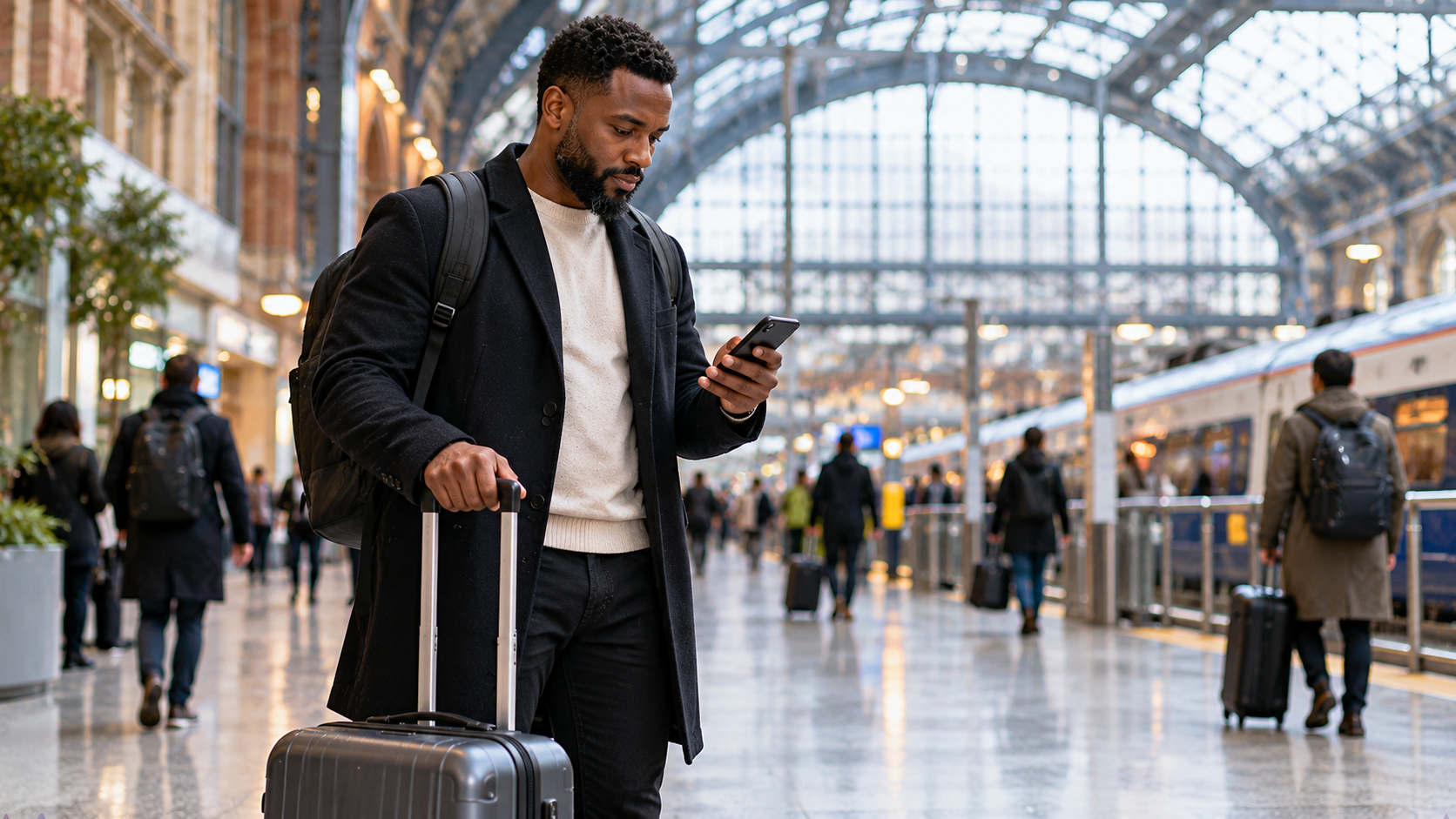 Black British traveller standing beside a rolling suitcase in a modern UK train station, checking his phone to plan his onward journey after an international flight.