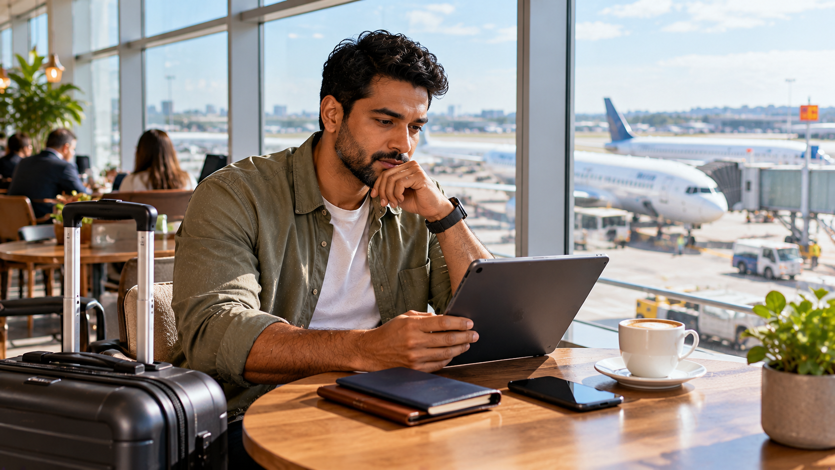 A male traveller comparing flight options on a tablet at an airport café, with a coffee, passport holder and suitcase on the table beside large windows overlooking aircraft on the runway.