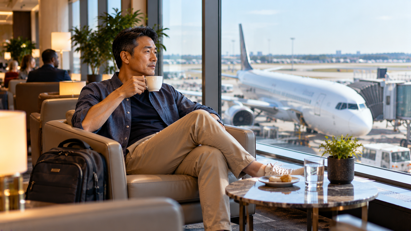 Middle-aged East Asian traveller relaxing in an international airport lounge during a layover, sipping a drink beside a window overlooking a passenger aircraft on the tarmac.
