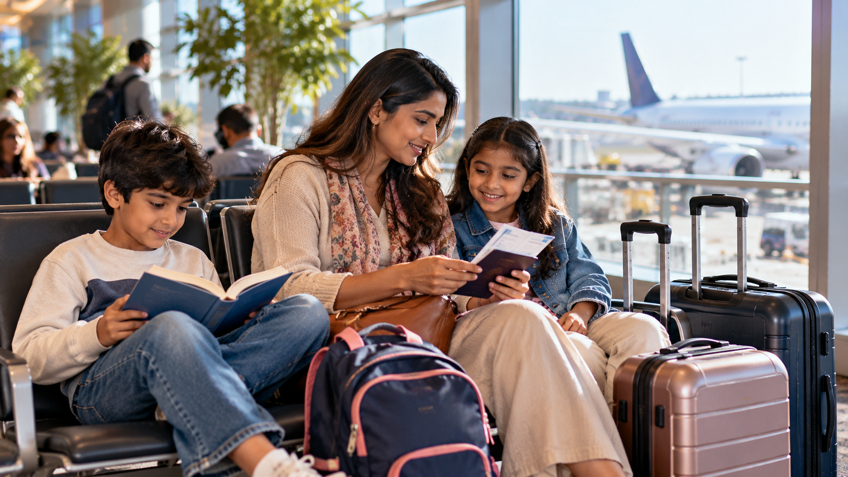 outh Asian mother checking travel documents with her daughter while her son reads a book in an international airport waiting area, with suitcases and a backpack beside them before their family flight