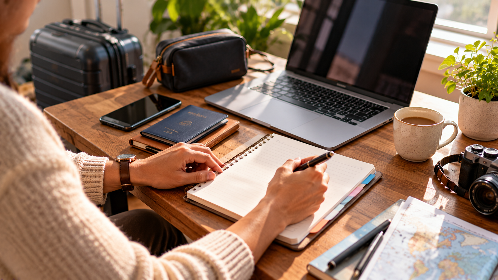 Traveller reviewing a flight-planning notebook at a wooden desk with a laptop, passport holder, smartphone, coffee and cabin suitcase nearby in warm morning sunlight.