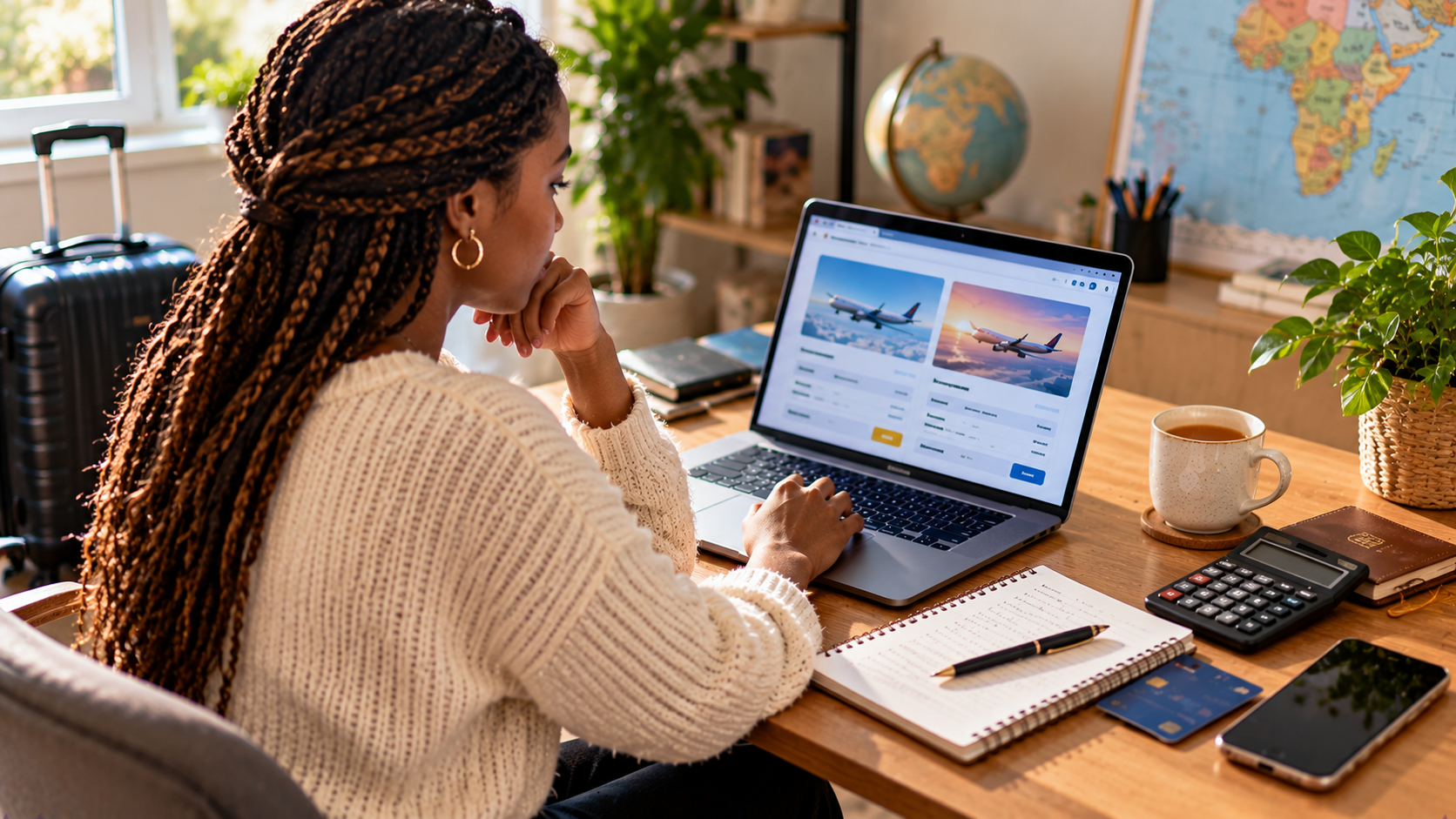 Black British woman comparing London-to-Ghana flight options on a laptop at a home-office desk, with a calculator, budget notebook, bank card, passport holder and cup of tea nearby.