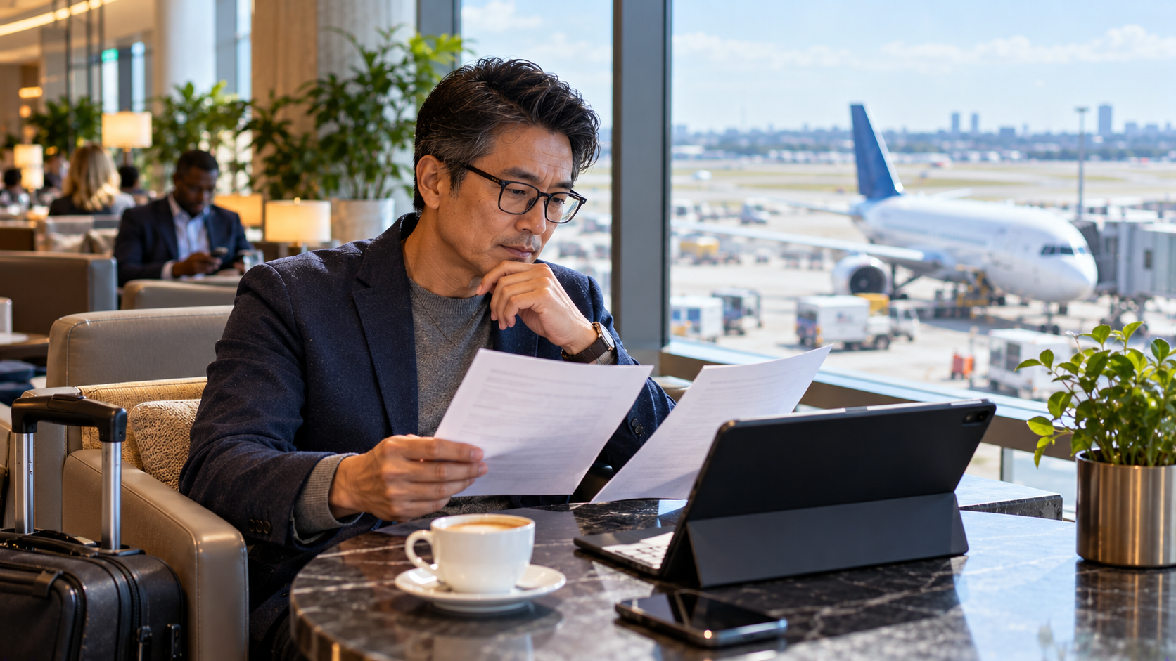 Middle-aged East Asian traveller comparing flight itineraries on printed papers and a tablet in an airport lounge, with coffee and luggage nearby and an aircraft visible through the terminal windows.