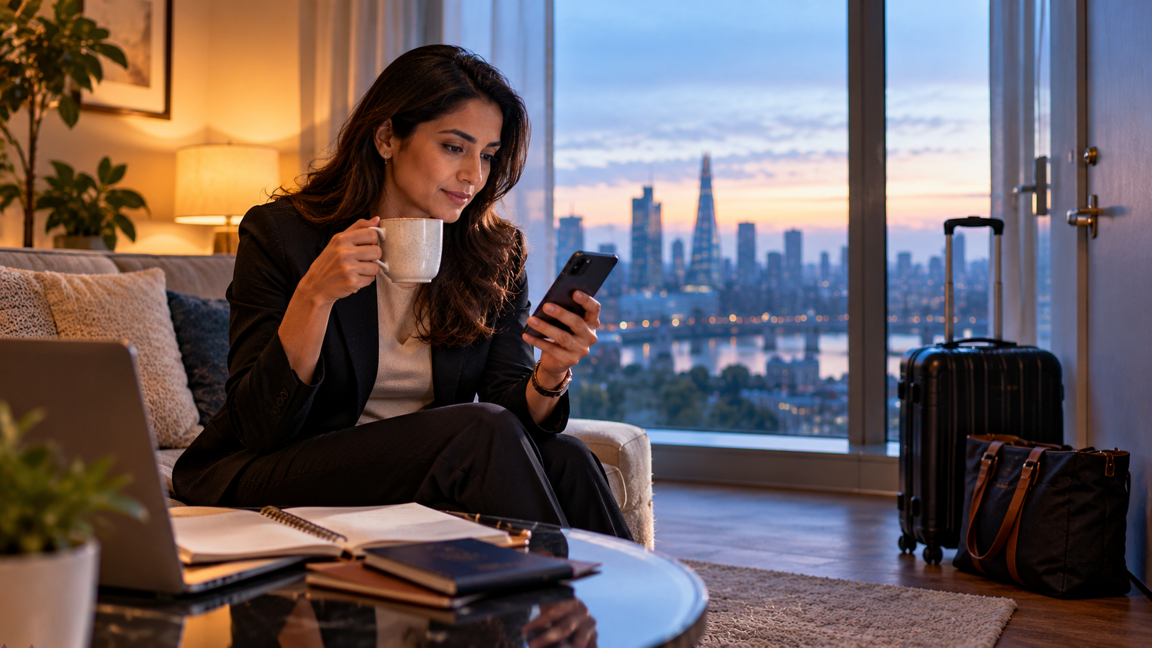 Female business traveller checking her flight schedule on a smartphone while holding a warm mug beside a floor-to-ceiling window at dawn, with a packed suitcase and travel bag ready nearby.