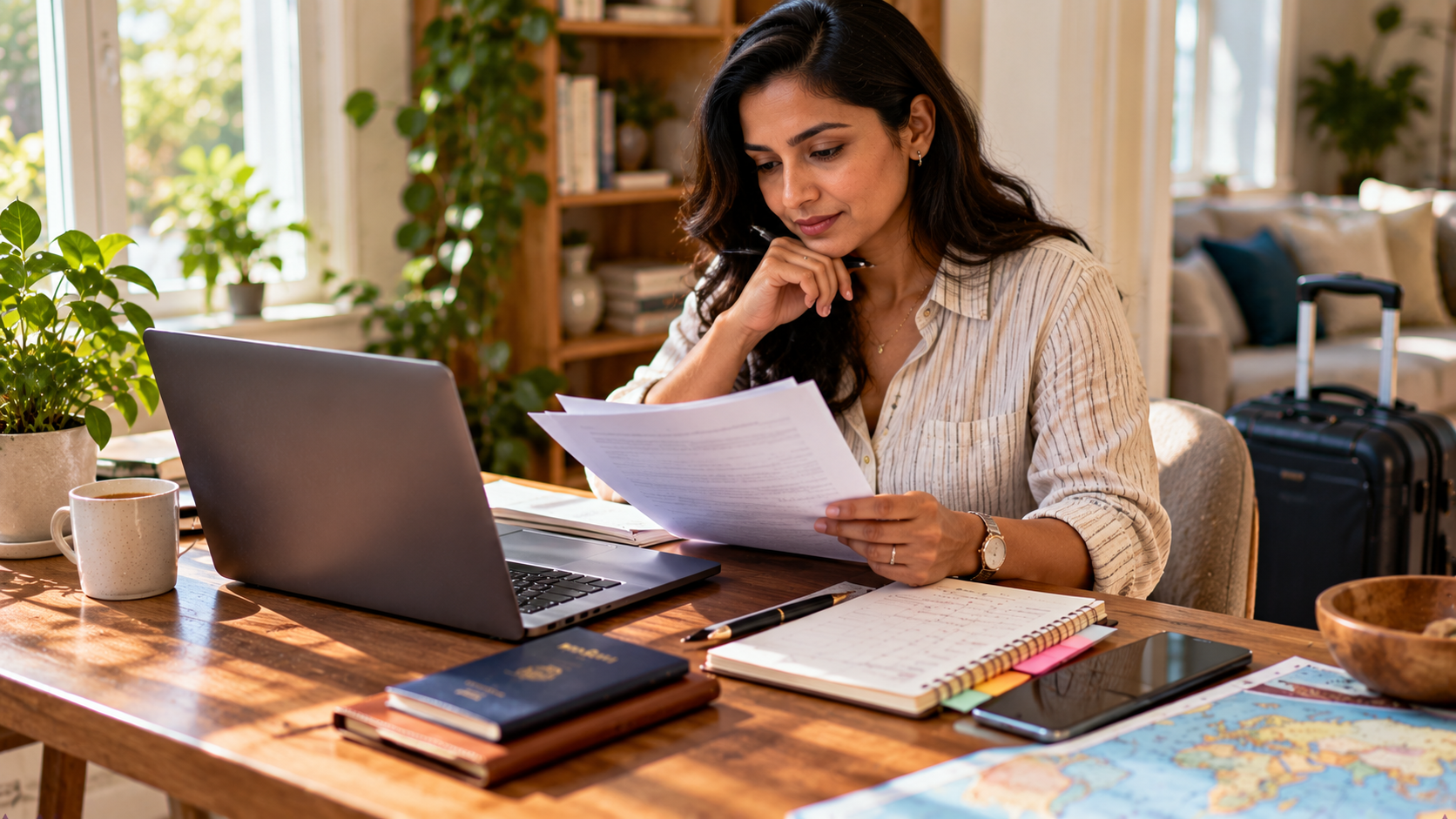 South Asian woman reviewing travel documents and planning a family trip to Ghana at a home desk, with a laptop, passport holder, calendar, smartphone and suitcase nearby.