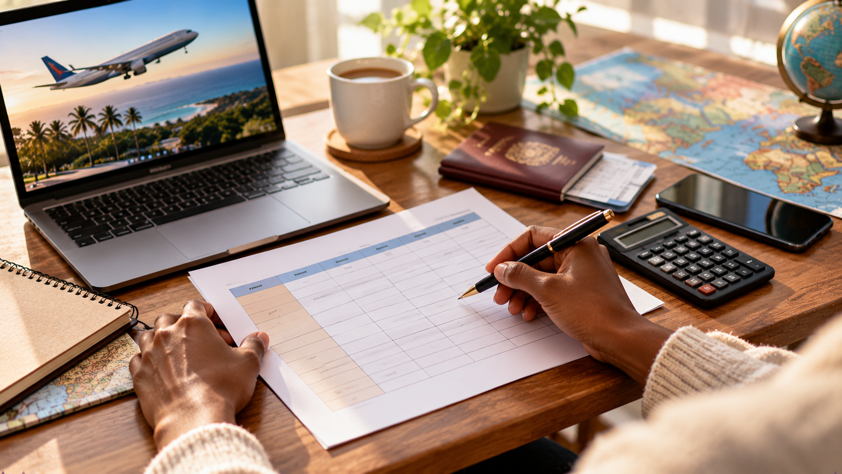 Traveller comparing flight prices and travel costs on a worksheet at a wooden desk, with a laptop, calculator, passport holder, smartphone and world map arranged nearby in warm morning sunlight.