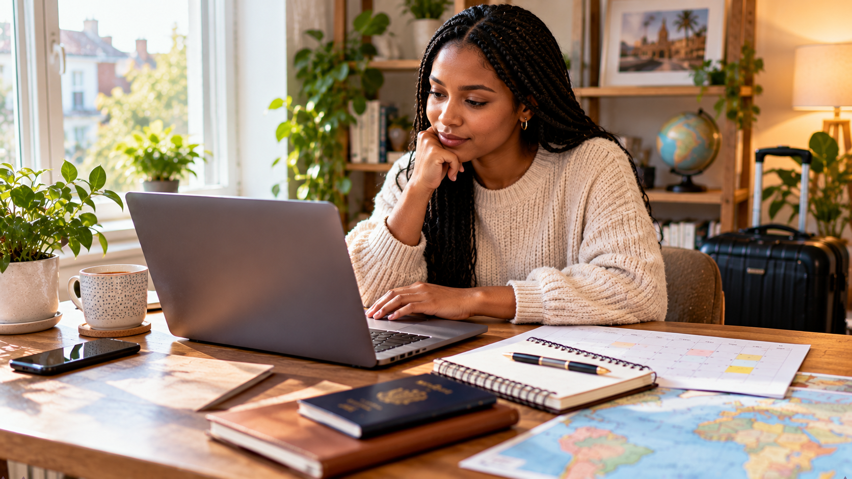 young Black British woman planning a London-to-Accra trip on her laptop at a home office desk, with a paper calendar, notebook, pen, cup of tea, passport and suitcase nearby in soft morning light.