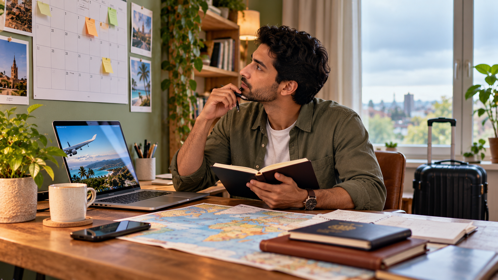 Solo male traveller planning a trip at home, reviewing a wall calendar and travel notebook beside a laptop, with a world map, coffee mug and suitcase in a calm green-and-cream workspace.