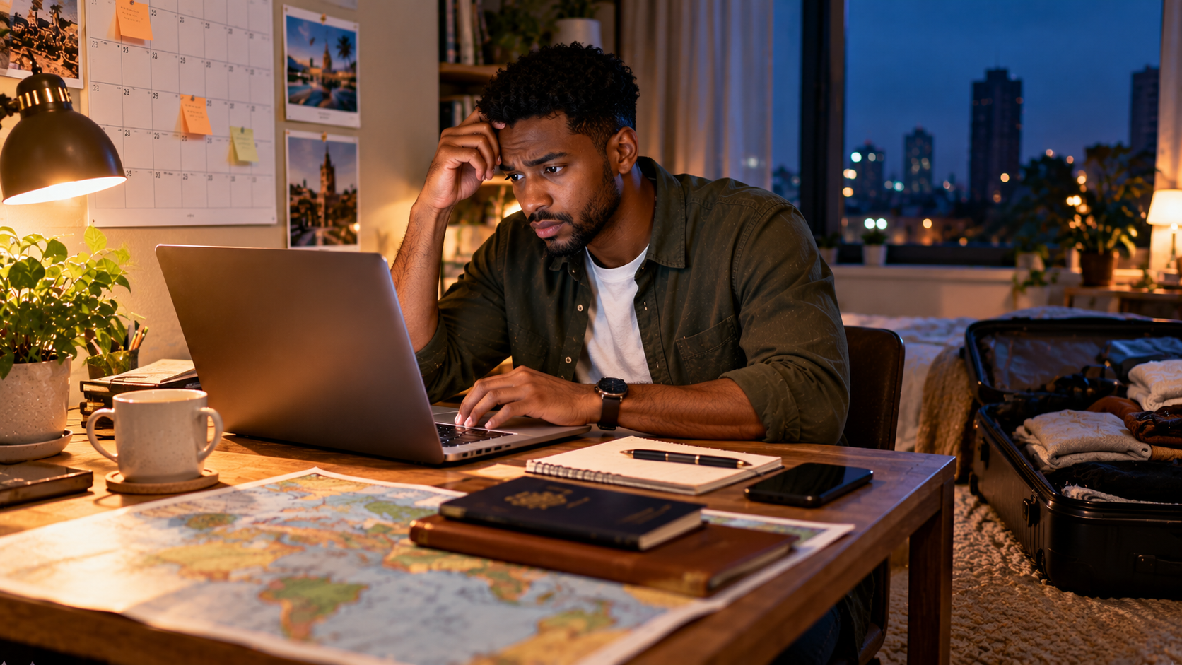 Young Black male traveller checking flight options on a laptop at a home desk late at night,