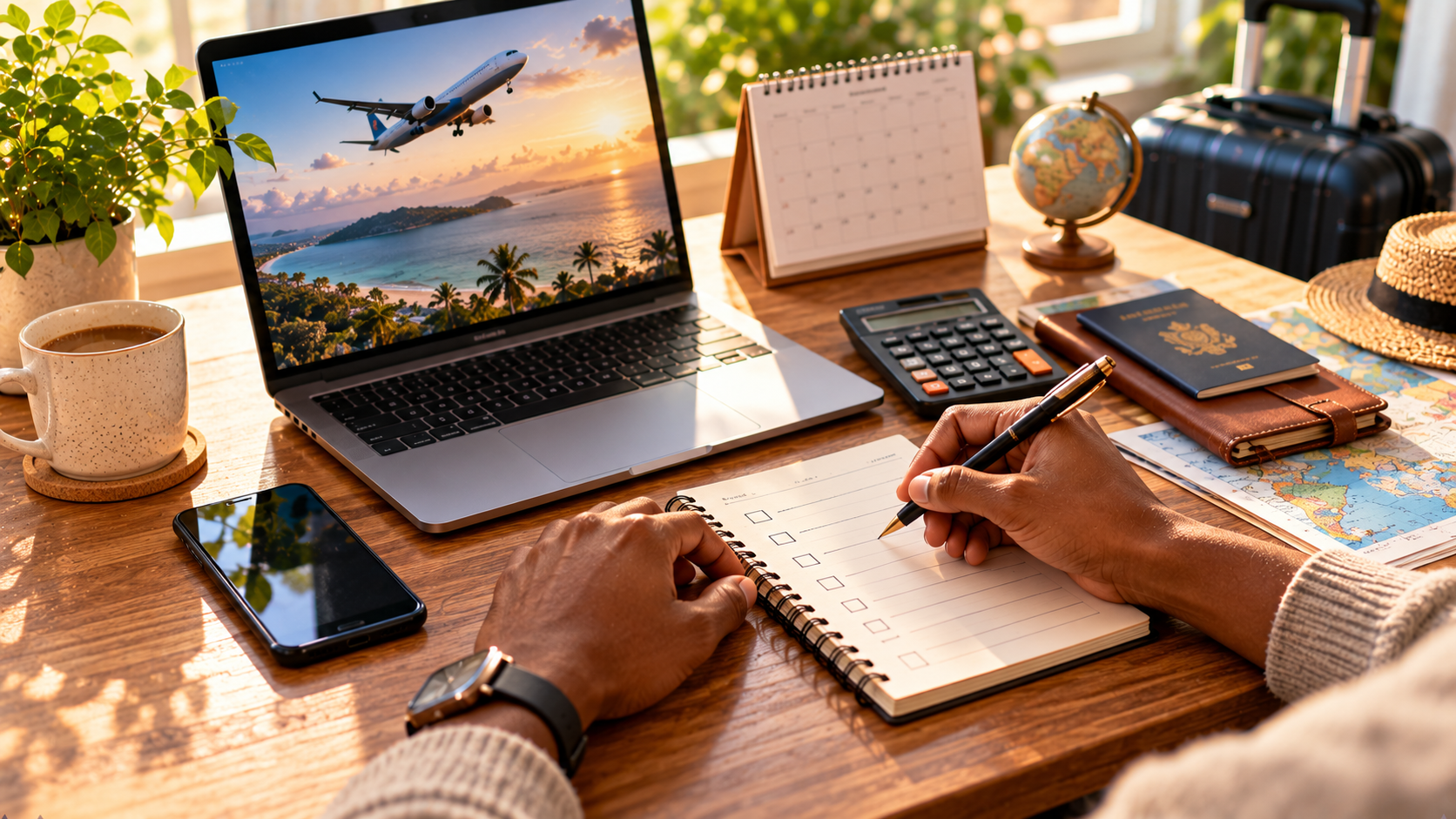 ’s hands reviewing a flight booking checklist at a wooden desk, with a laptop, calculator, smartphone, passport holder, calendar and pen arranged neatly in warm morning sunlight.