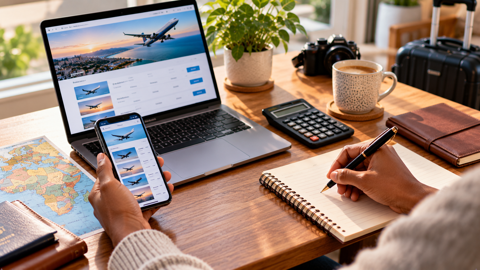 Traveller comparing flight prices on a laptop and smartphone while taking notes in a travel notebook, with a calculator, coffee mug, passport holder and world map arranged on a wooden desk in natural daylight.