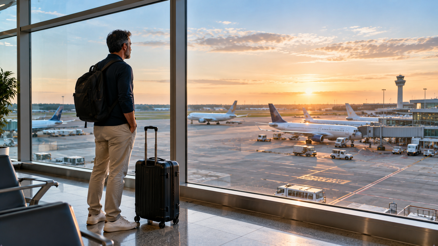 Mature male traveller standing beside a carry-on suitcase at a large airport window, watching aircraft on the runway in warm early-morning golden light.