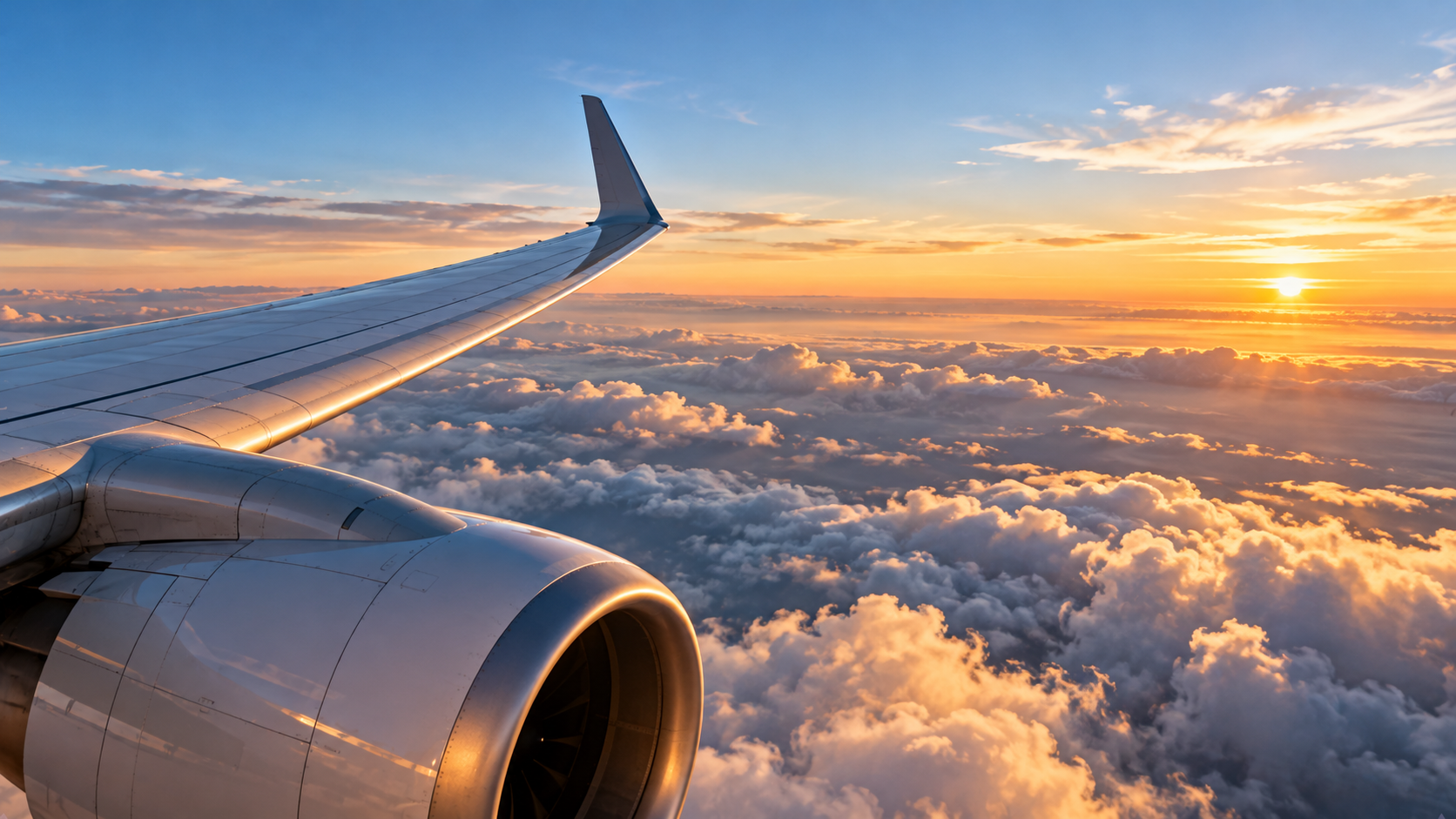 Passenger aircraft wing and engine above a blanket of clouds at sunrise, illuminated by warm golden sunlight against a blue and orange sky.