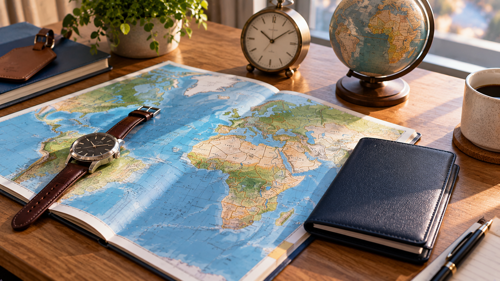 Travel-planning still life featuring a wristwatch, open world atlas, desk clock, globe and closed passport wallet on a wooden desk in warm morning light.